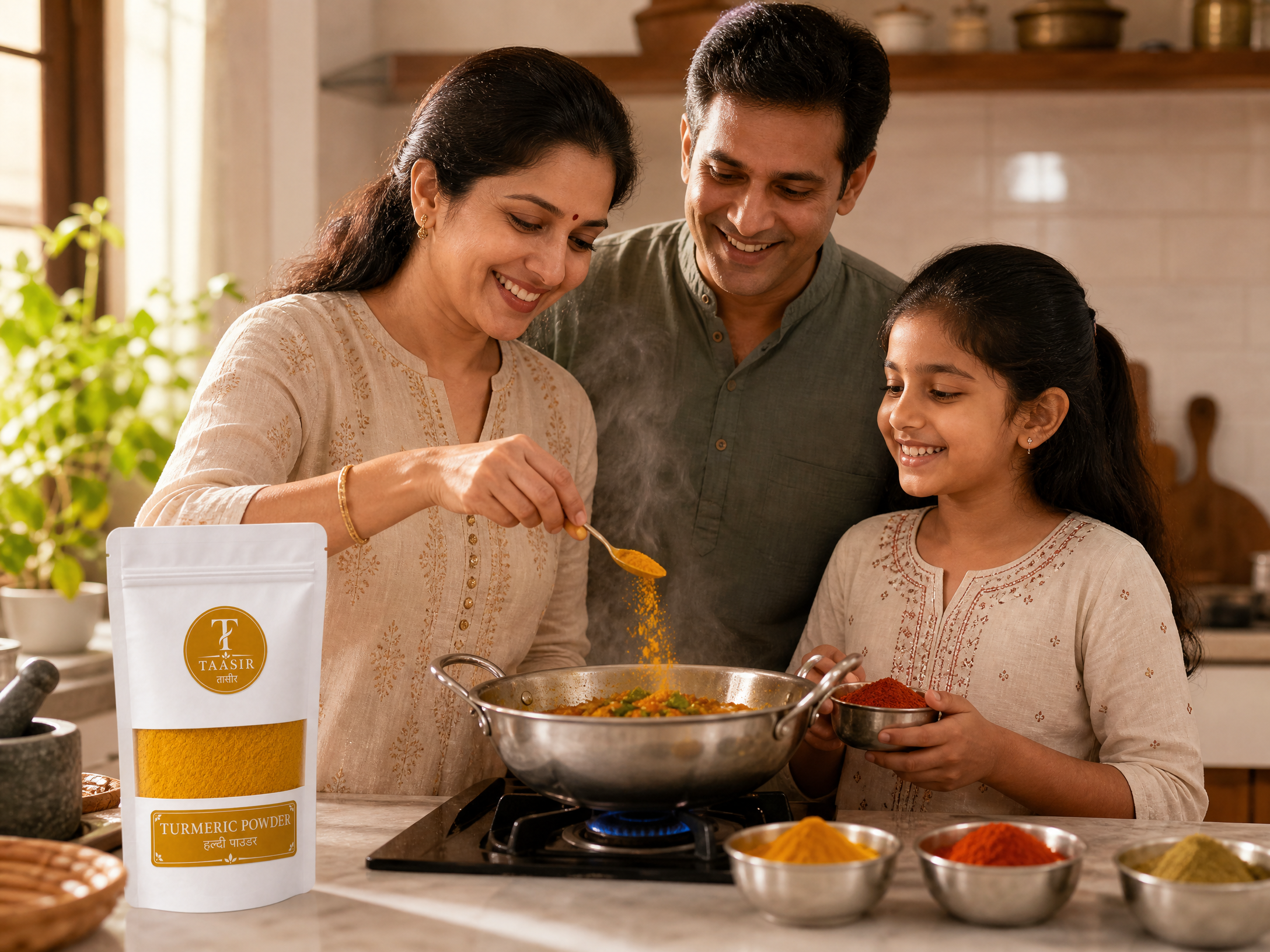 A family cooking together with Taasir turmeric powder in their kitchen