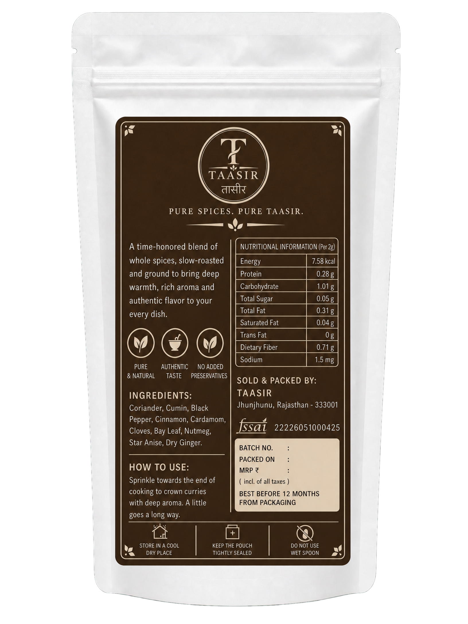 Taasir back label with full information panel